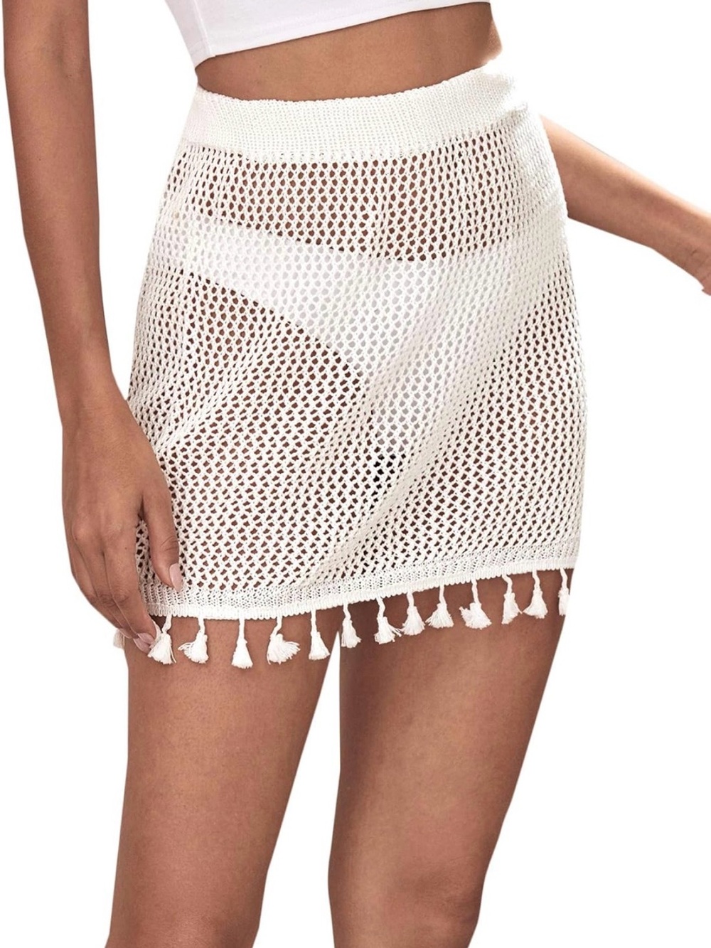 Amazon White Crochet Tassel Swim Cover-Up Skirt